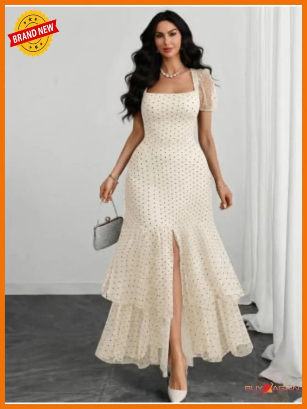 Polka Dot Maxi Dress Square Neck Puff Sleeve High Slit Ruffle Hem